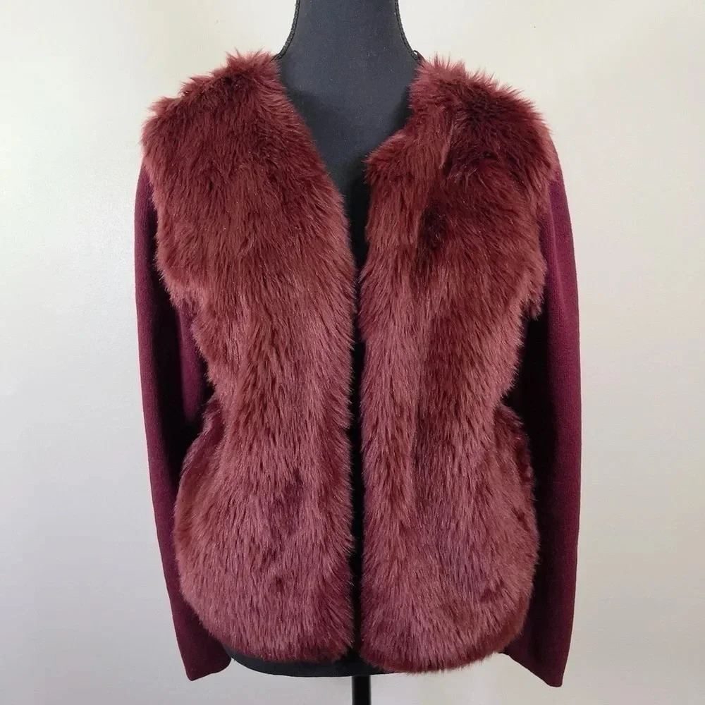 Banana Republic Faux Fur Burgundy Open Cardigan
